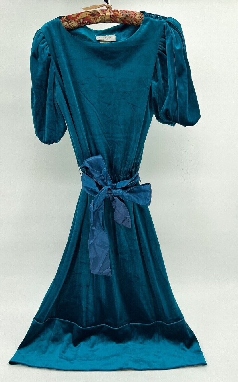 Vintage Especially Yours Dress Womens Aqua Blue Velour Elastic Waist Puff Sleeve